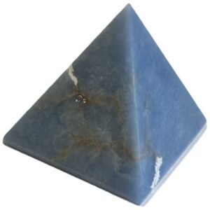 Polished natural angelite crystal pyramid 1 sians emporium Polished blue angelite four sided pyramid showing natural white veining and earthy inclusions on a white background